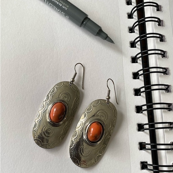 Vintage silver earrings 1 3/4 drop natural color stone - Picture 7 of 7